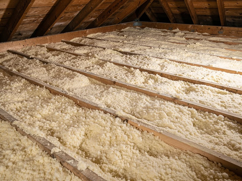 Couche régulière de laine soufflée sur le plancher des combles