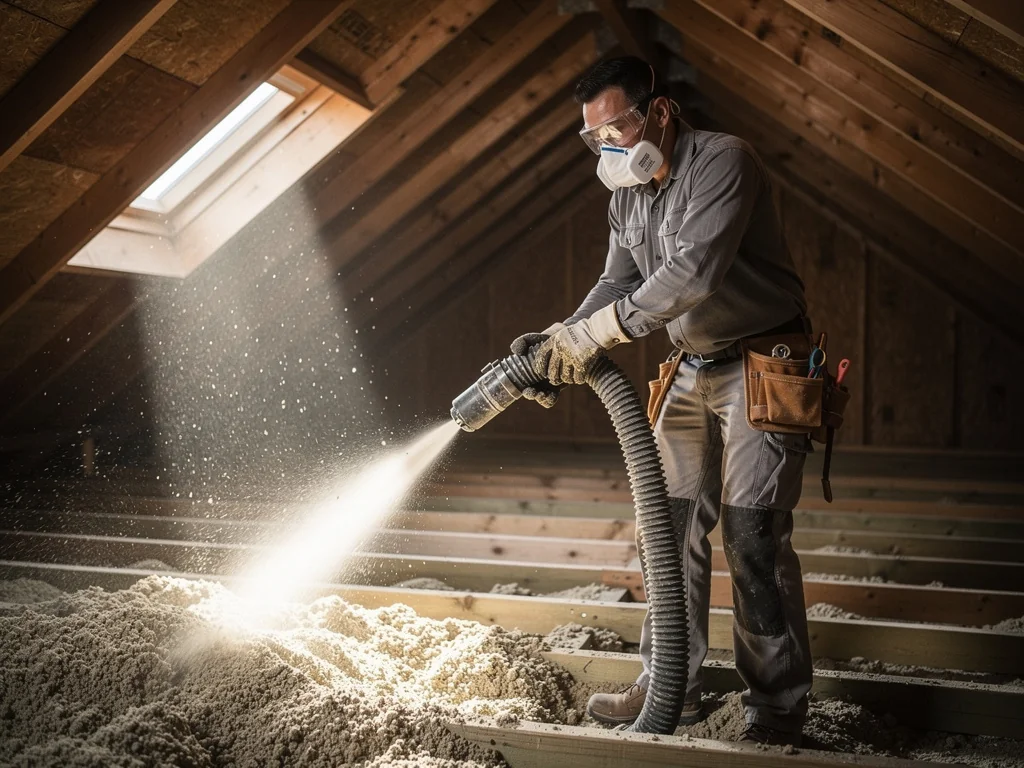 Artisan RGE guidant le tuyau de soufflage sous la toiture