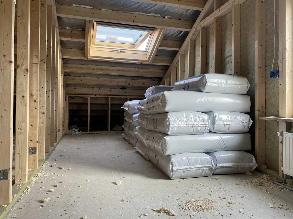 Sacs de ouate de cellulose prêts à être soufflés sur le chantier